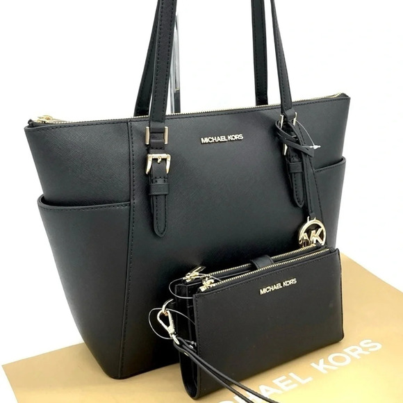 Michael Kors Large Charlotte Tote Bag & Double Zip Wallet Black/Gold (NWT) - Picture 1 of 11